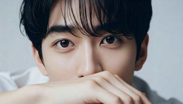 白いシャツで口元を手で覆う若い男性