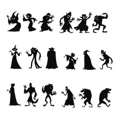 Halloween monster silhouettes isolated on white background. Witch, zombie, Dracula, vampire and werewolf. Cartoon characters illustrations stickers