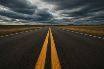 Naklejka premium Open highway to the horizon under dramatic cloudy sky travel freedom perspective