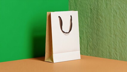 Elegant white paper shopping bag with brown handles against a colorful backdrop display