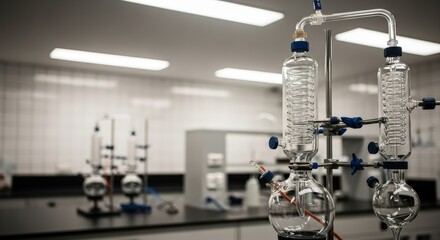 Fototapeta premium Glass Distillation Apparatus In A Scientific Laboratory With Fluorescent Lighting And Scientific Equipment