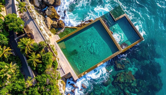 Aerial Drone View Of A Natural Ocean Rock Pool Surrounded By Lush Green Palm Trees And The Turquoise Blue Sea With Gentle Waves Crashing On The Rocky Shoreline On A Sunny Day - Powered by Adobe