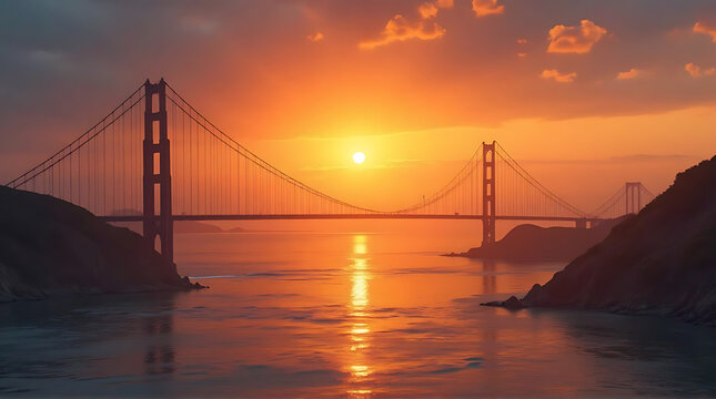 Golden Gate Bridge silhouetted against a vibrant orange sunset, reflecting in the water, with hills on either side under a cloudy sky.