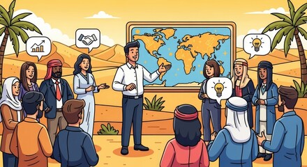 Diverse Group Discussing Global Business Strategy in Desert.