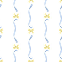 Seamless pattern with blue ribbons and yellow bows, handdrawn in watercolor on a white background Decorative element pastel tones for festive designs