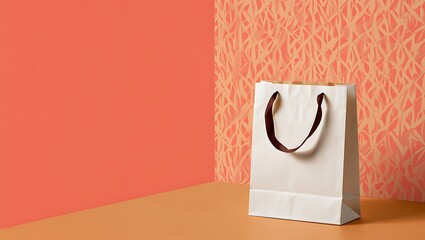 Elegant white shopping bag on coral backdrop showcasing retail and branding opportunities and minimalist design