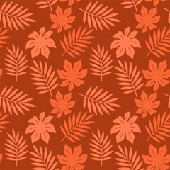 Seamless pattern of tropical palm and hibiscus leaves in a warm orange terracotta color scheme