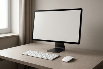 Fototapeta premium Minimal desk setup with sleek computer monitor keyboard and plant in daylight