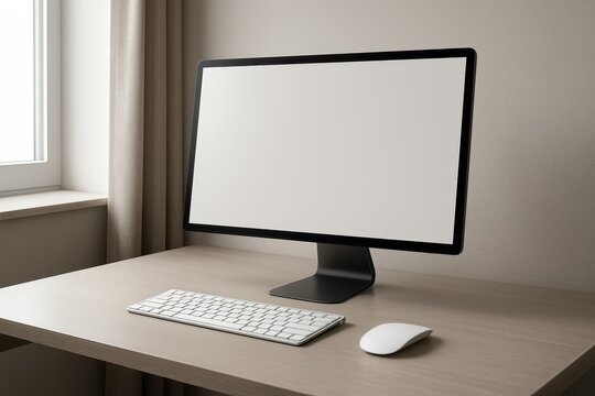 Minimal desk setup with sleek computer monitor keyboard and plant in daylight