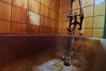 Severe reddish-brown rust and grime coat the interior walls and drain area of a filthy, neglected bathtub and tiled shower enclosure.