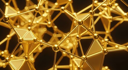 Fototapeta premium Intricate Golden Molecular Structure with Geometric Shapes and Glowing Nodes on Dark Background