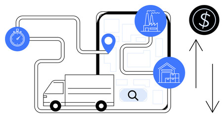 Delivery truck navigating a map route with location pins, factory and warehouse icons, stopwatch, and cost arrows. Ideal for logistics, supply chain, transportation, cost analysis, delivery planning