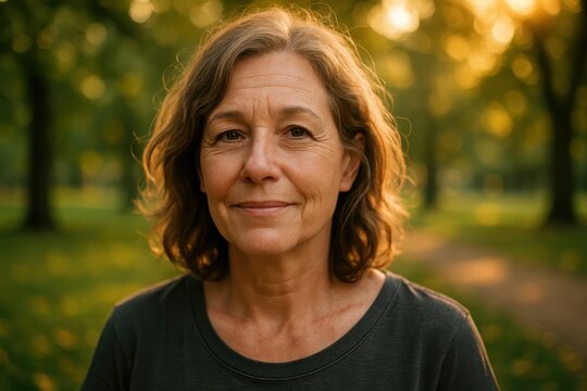 Golden hour outdoor portrait of happy senior woman with warm smile and soft bokeh background