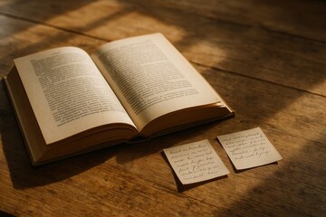 Obraz premium Open hardcover book with scattered notes on rustic wooden desk in warm morning light