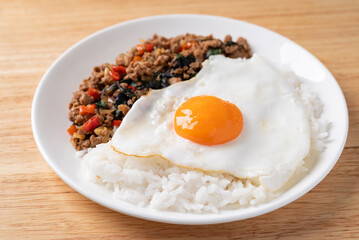 Thai food, Stir fried holy basil with minced pork with cooked rice and fried egg on top