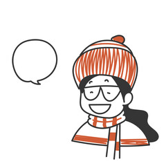 cute cartoon woman wearing winter hat and sweater laughing and talking