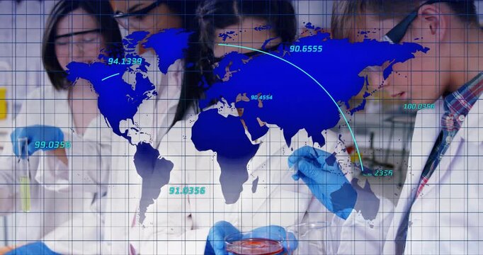 Lab team examining petri dish as map overlay animating over hands and mapping global spread