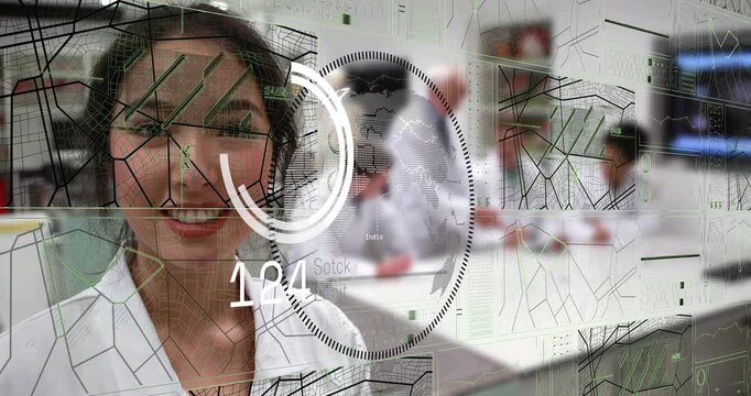 Female lab researcher turning and smiling while HUD overlay appearing, animating numeric readouts