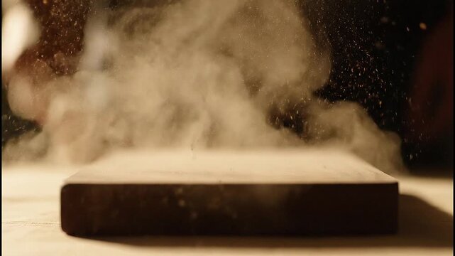 Crafting Dust Clouds on a Workbench, Indoor Workshop, Close-Up View, Artisan Technique