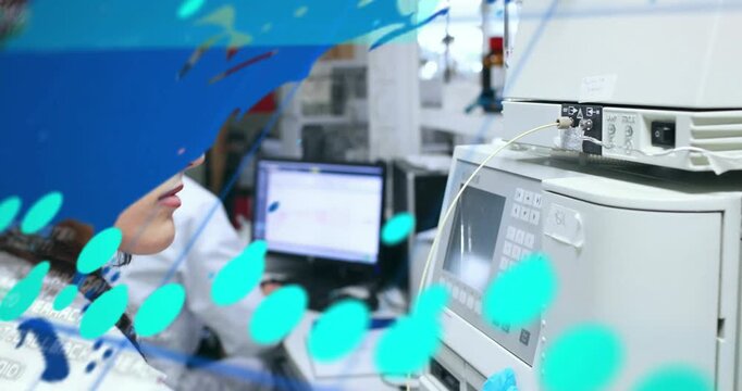 Lab tech moving to HPLC unit pressing controls and monitoring with blue overlays flowing over unit