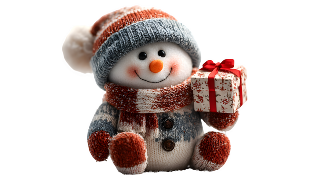 Cheerful snowman with carrot nose, red hat, and gift box for Christmas celebration isolated on white background - Powered by Adobe