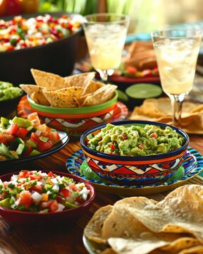 A Mexican fiesta table with colorful dishes like enchiladas, guacamole, and margaritas
