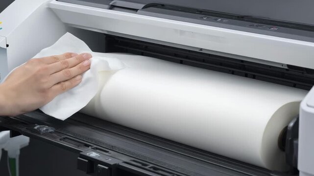 Medium shot of flatbed scanner roller being gently wiped for dust removal enhancing image clarity and device reliability in an office setting.