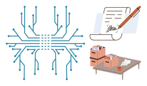 Circuit board pattern, document being signed with pen, and files on organized desk. Ideal for data management, digital transformation, automation, organization, technology, e-governance work