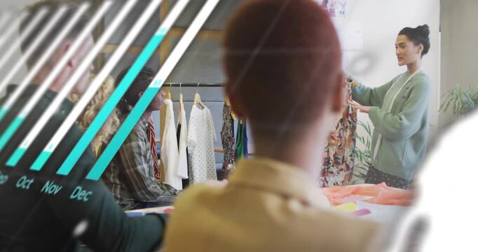 Presenter rising holding floral dress seeking feedback in fashion studio HUD masking then clearing