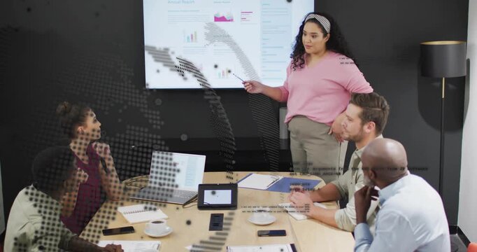 Lead pointing at slides and presenting biz plan, team noting, globe overlay obscuring slides