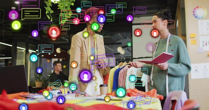 Fashion team opening pink notebook and pointing at fabrics, animated user icons linking selections