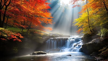 Stunning waterfall cascades through vibrant autumn foliage in sunlit forest landscape