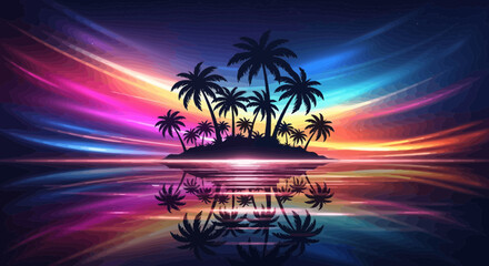 Vibrant tropical island silhouette with dynamic colorful reflections