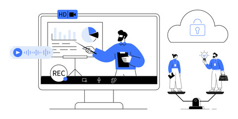 People balancing innovation with work on scales, video conference presentation on computer, cloud security. Ideal for teamwork, remote collaboration, e-learning, brainstorming, balance, privacy