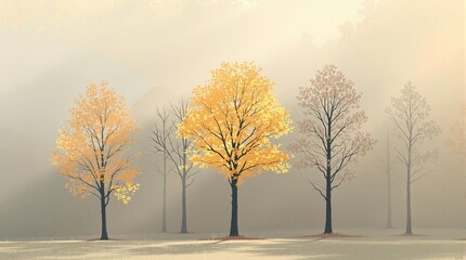 Golden autumn trees in misty landscape create serene and peaceful feeling for your designs