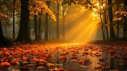 Enchanting autumn forest with golden sunlight illuminating fallen leaves on a rainy day