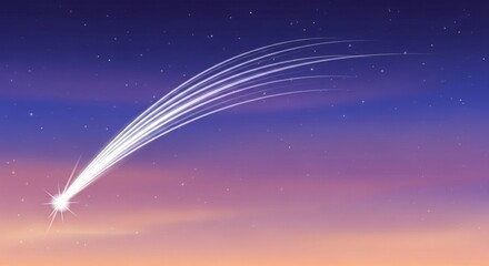 A luminous shooting star with a brilliant tail arcing across a colorful twilight sky with distant stars.