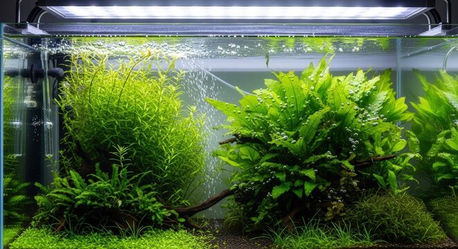 Vibrant Aquatic Plant Ecosystem Lush Greenery Illuminated By Bright LED Light Bar
