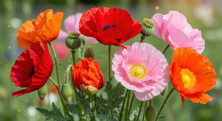 Obraz premium Vibrant Poppy Flowers In Various Colors Red Pink Orange Bloom In A Sunlit Garden Field