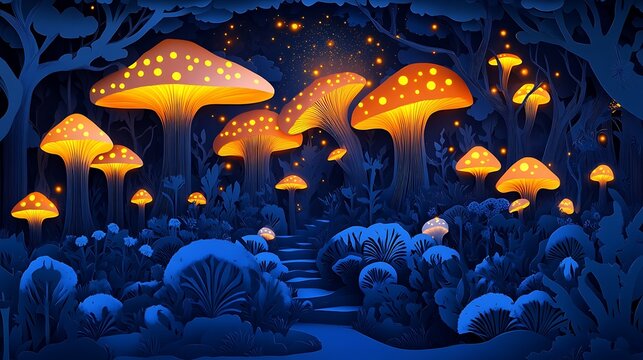 Glowing mushrooms illuminate a dark forest with blue foliage and magical floating lights at night time