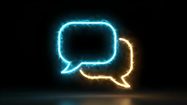 Modern communication concept with vibrant blue and orange neon speech bubble icons glowing