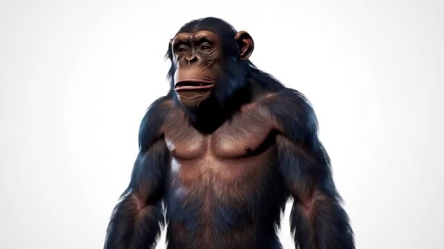 A powerful and muscular chimpanzee stands confidently against a clean white background showcasing its strong physique and intelligent gaze perfect for themes of strength nature and animal intelligenc.