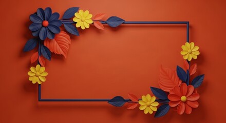 A decorative rectangular frame adorned with colorful papercraft flowers and leaves on a vibrant red background.