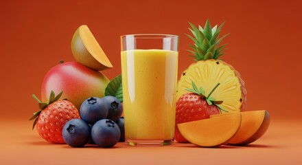 A glass of fresh tropical fruit smoothie surrounded by whole and sliced mango, pineapple, strawberries, and blueberries on an orange background.