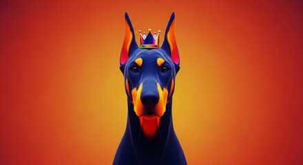 A regal Doberman Pinscher wearing a small golden crown against a vibrant orange and red gradient background.