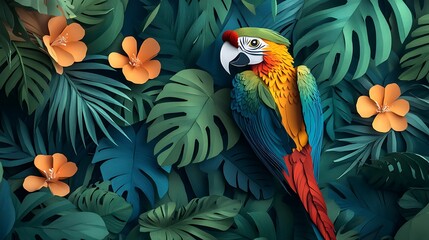 Obraz premium A vibrant parrot perched amongst lush tropical foliage and scattered orange blossoms in a serene setting