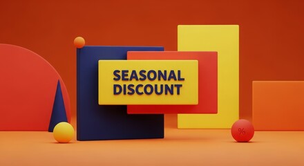 Colorful 3D geometric shapes on an orange background advertising a seasonal discount.