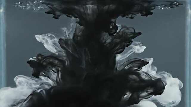 Viscous black and white ink clouds bloom and diffuse into clear water, creating an ethereal, abstract visual effect. Gentle ripples on the water's surface.