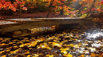 Stunning autumn landscape featuring a charming wooden bridge over a leaf-strewn stream