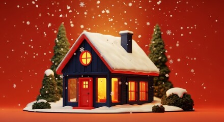 Charming snow-covered cottage with glowing windows during a festive winter snowstorm against a red background.